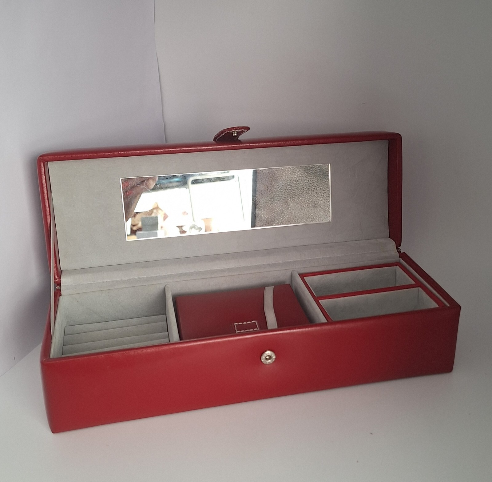 Red Faux Leather Jewelry Box 11″ 3 Piece Fabric Lined Travel Multi Compartment