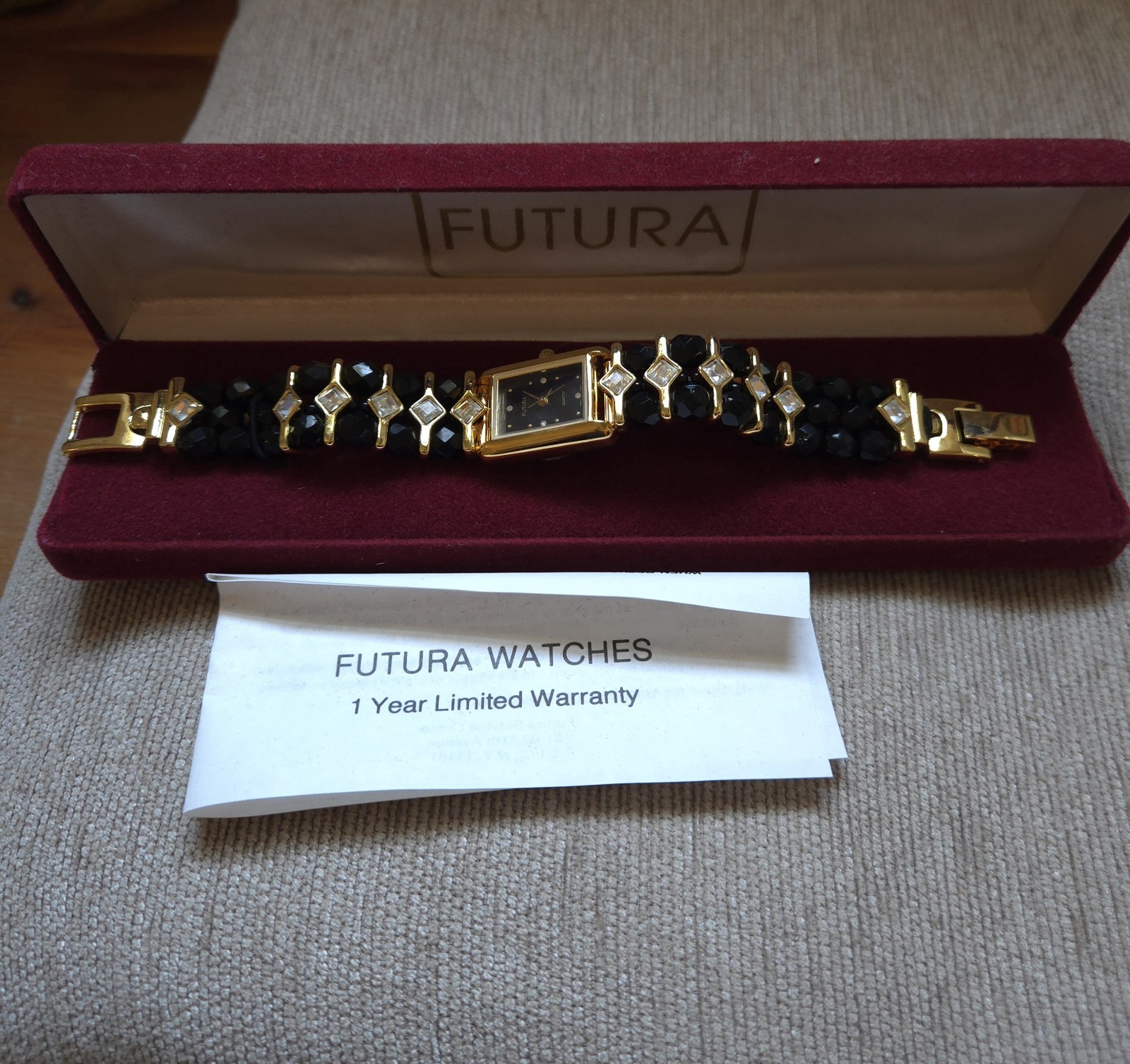 Vintage Futura 3780 Women’s Watch Black Beaded Rhinestone Quartz w/ Original Box