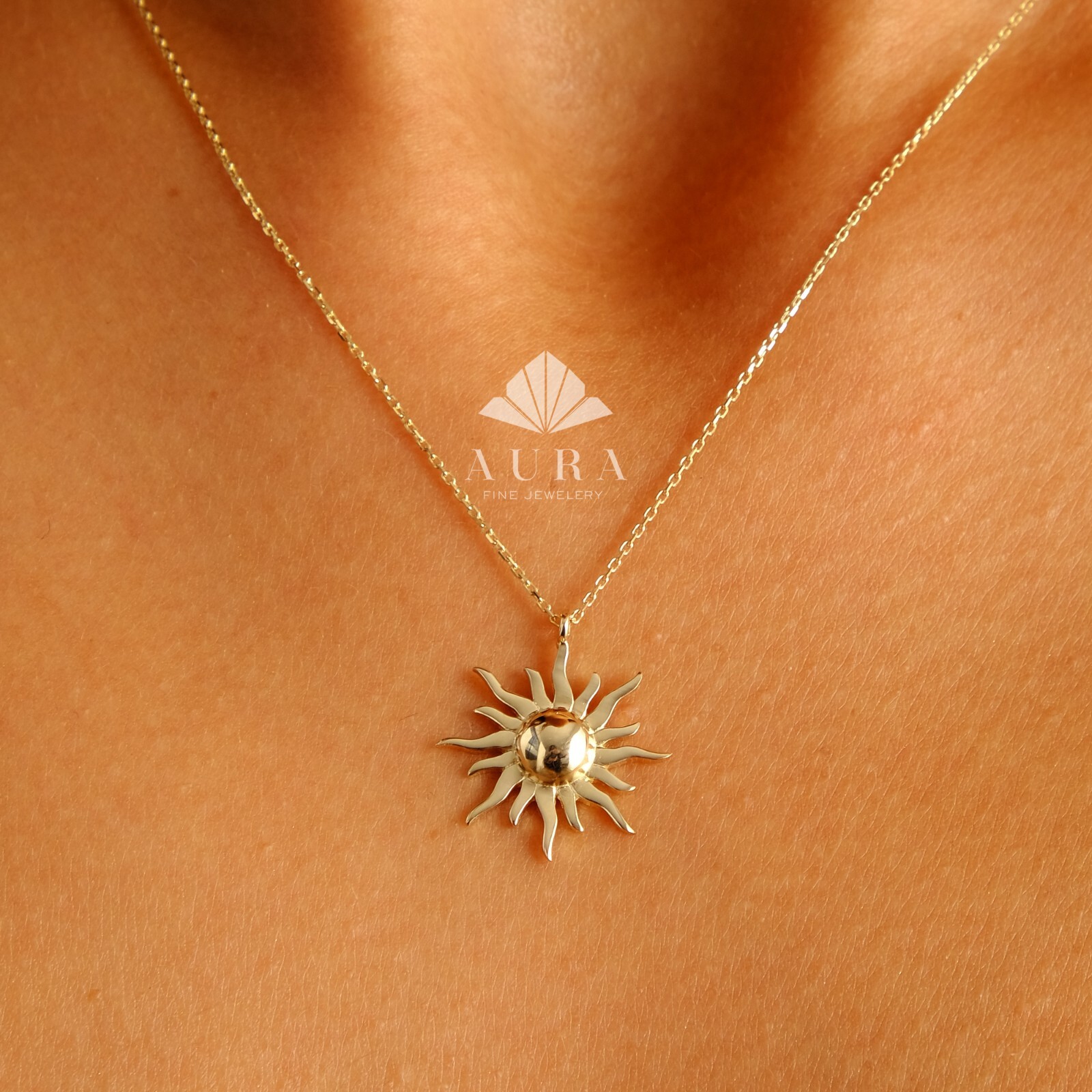 14K Gold Sun Necklace, Solar Celestial Glowing Necklace, Sun Charm Delicate Neck