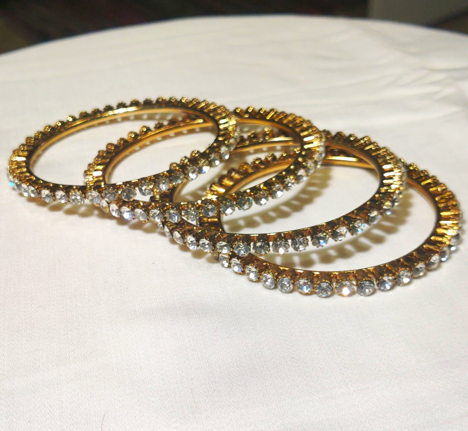 Gold Tone Clear Round Rhinestone Prong Set Stackable Bangle Bracelet Set of 4