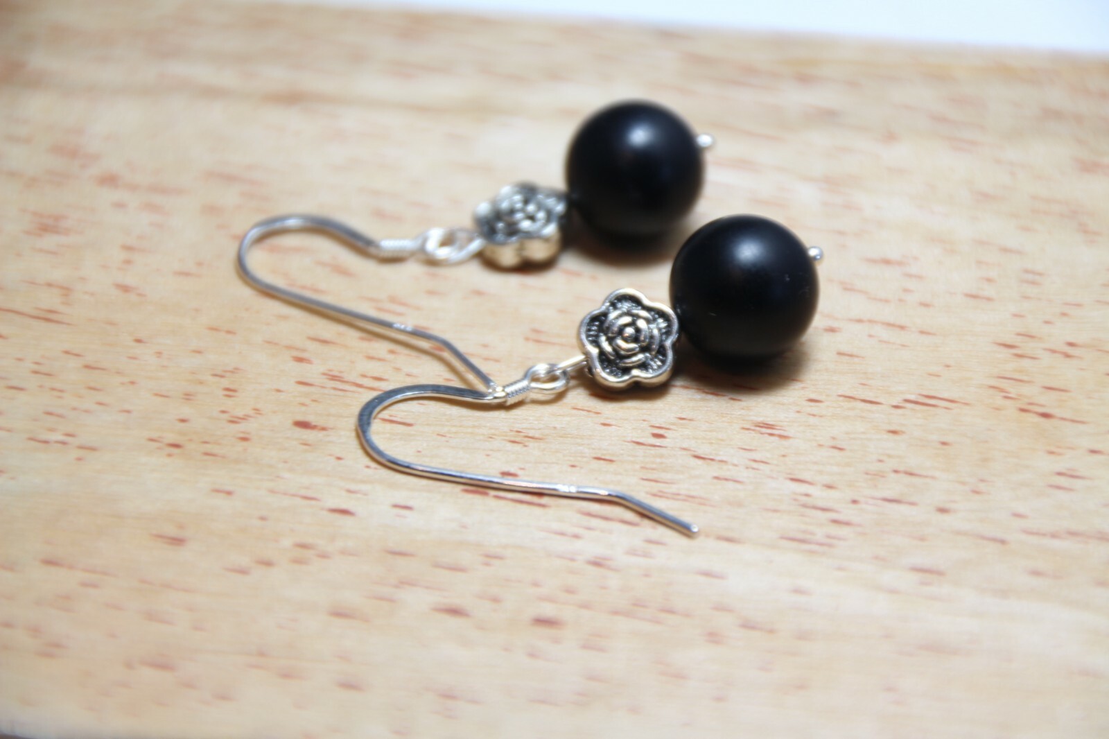 Graphite Black 10mm Ball Natural Gemstone Earrings .925 Sterling Silver 1 1/2″