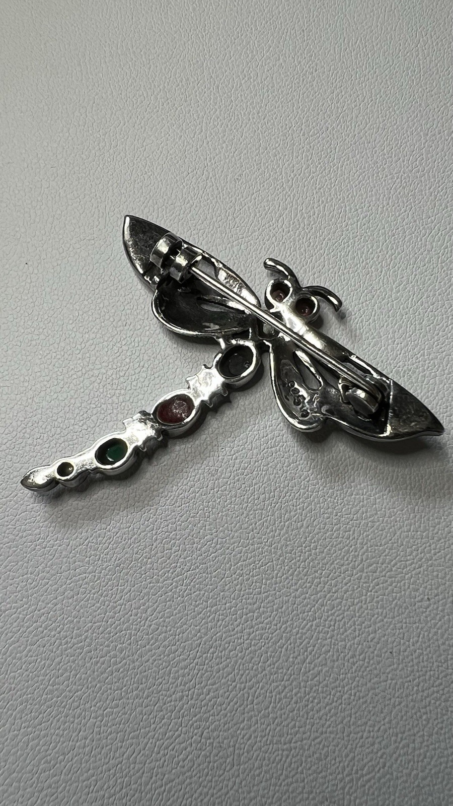 925 Silver Dragonfly Brooch Pin Enamel and Natural Stones Marcasite, 2.5 in