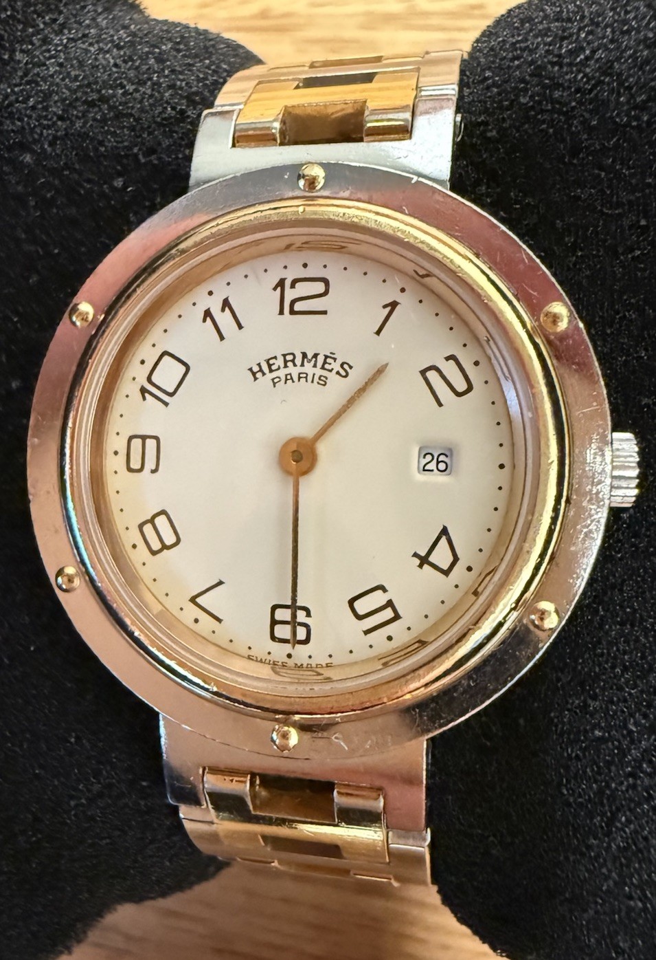 Hermes Clipper Watch Two Tone 30mm With Box Stainless Steel Ladies Authentic