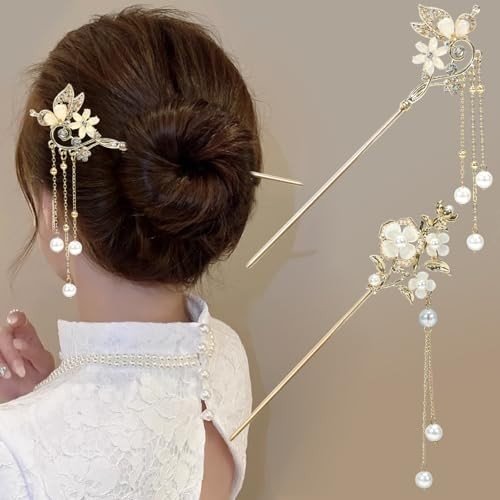 2Packs Lily of the Valley Chinese Hair Sticks for Buns, Pearl Flower beige