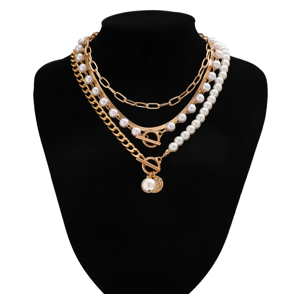 Layered Imitation Pearl and Thick Chains Choker Necklace for Women Tendy Beaded
