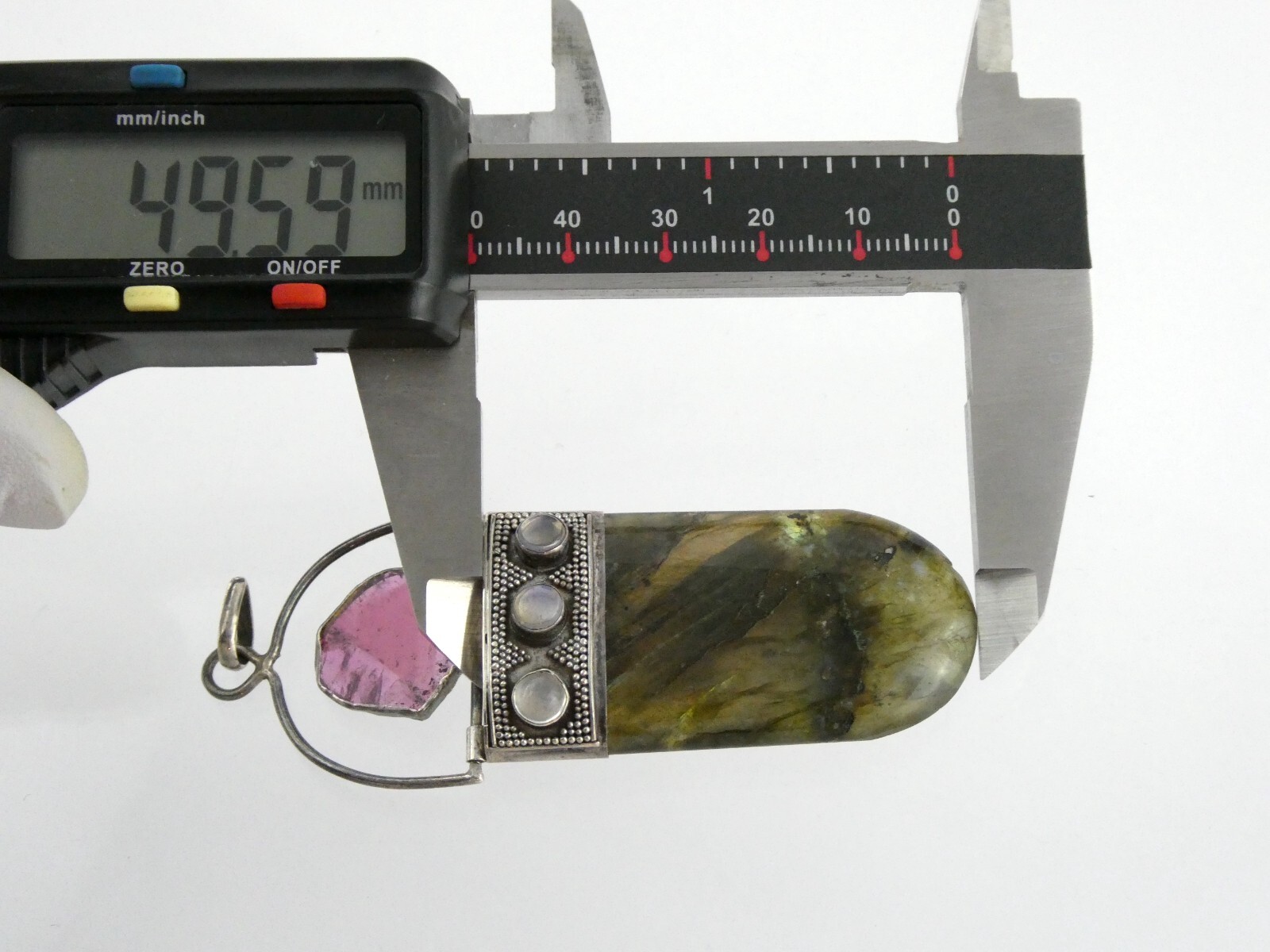 Sterling Silver Pink Tourmaline Slice Labradorite Moonstone Pendant 925 24.2g