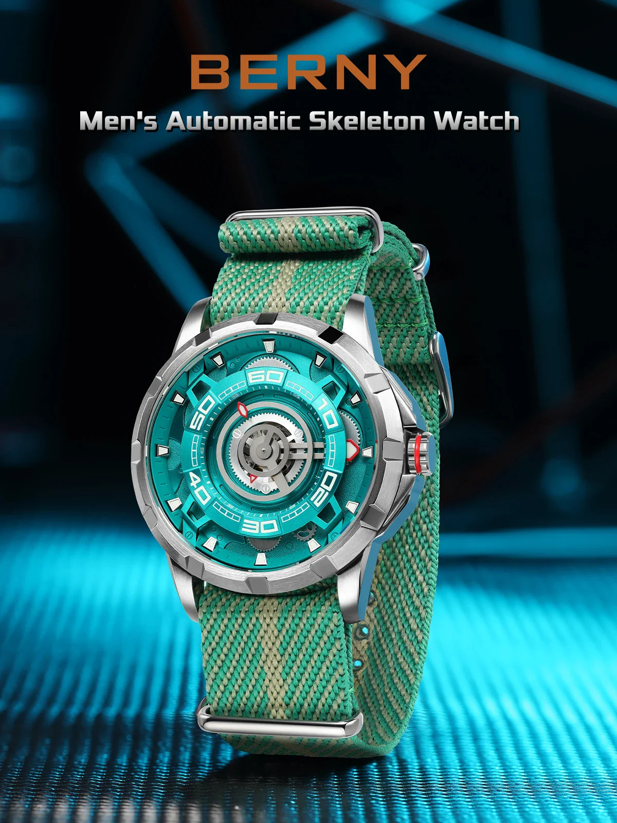 BERNY Automatic Men’s Skeleton Watch 5ATM Luminous Sapphire