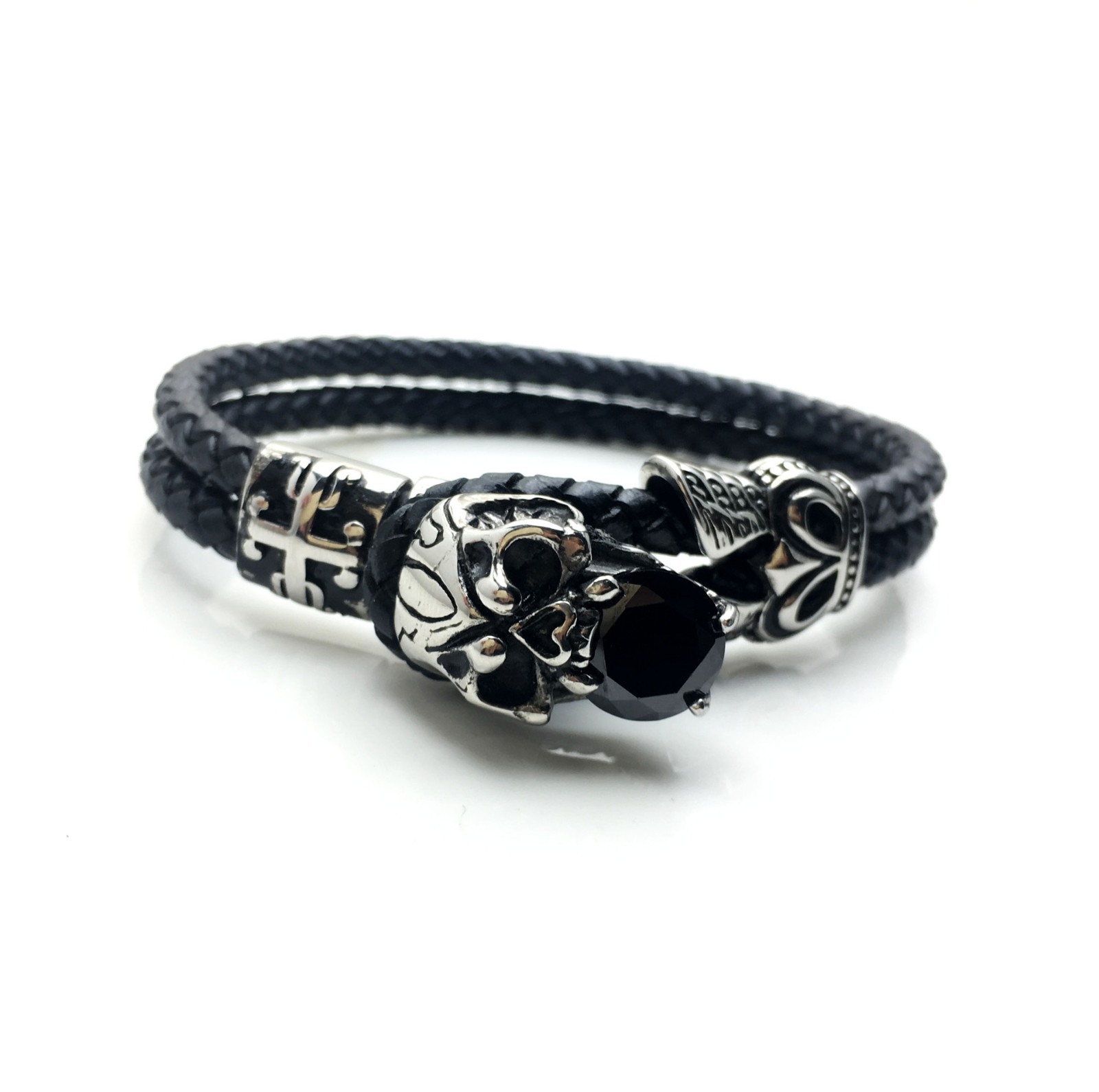 Men’s Skull Braided Leather Bracelet Stainless Steel Gothic Punk Biker Jewelry