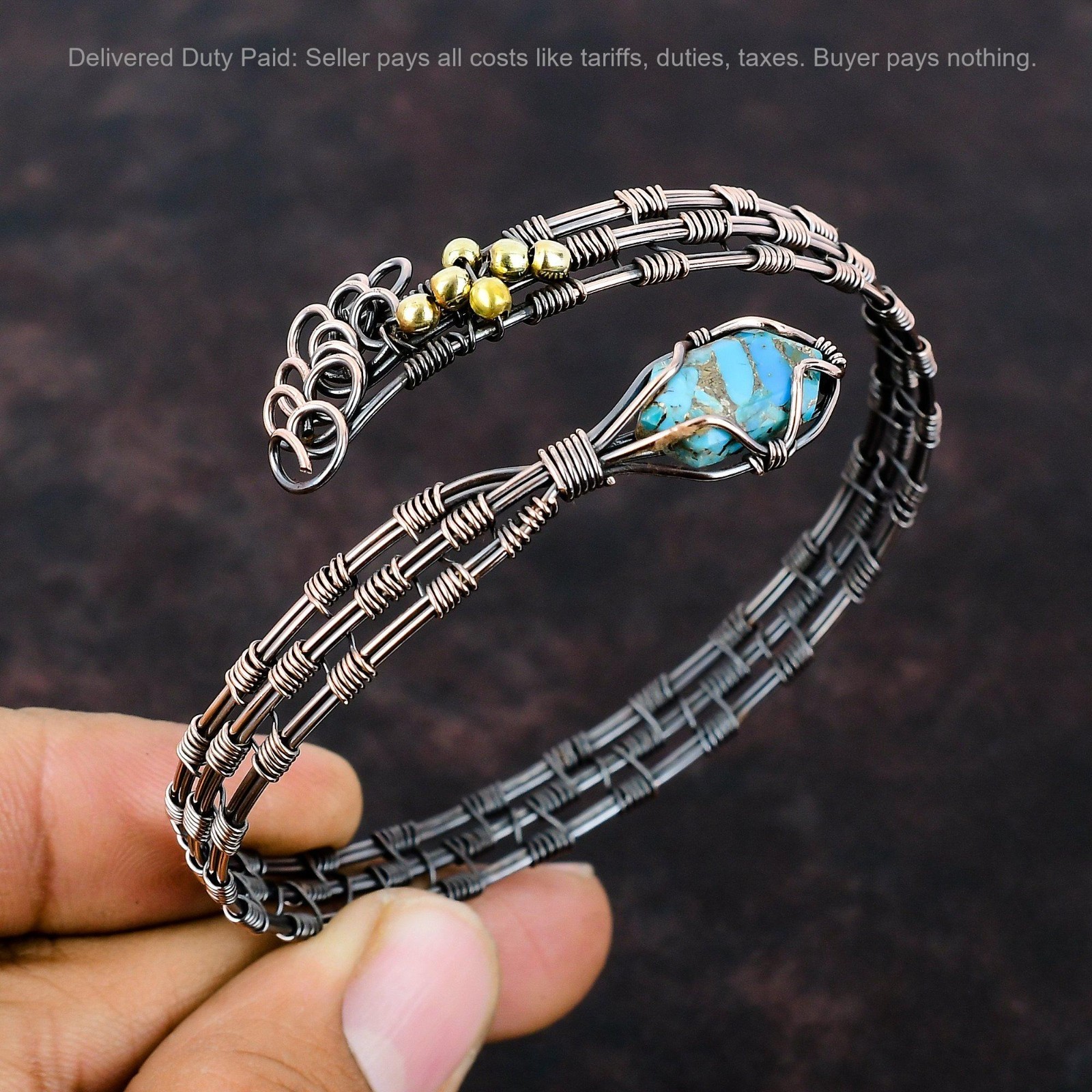 Hexagon Natural Copper Blue Turquoise Sister Wire Wrapped Elegant Bangle Copper