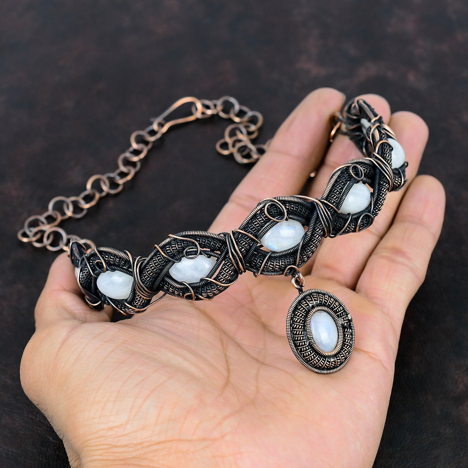Rainbow Moonstone Wire Wrapped Chain Adjustable Necklace Copper For Girls 18.0″