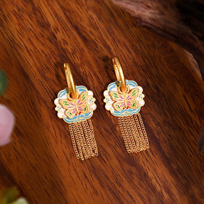 Chinese Style Enamel Butterfly Earrings with Golden Layer and Tassel Chains