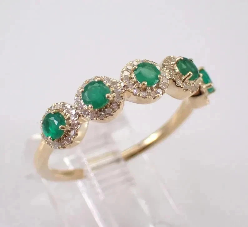 2.20 Ct Round Cut Natural Emerald & Diamond Wedding Ring 14K Yellow Gold