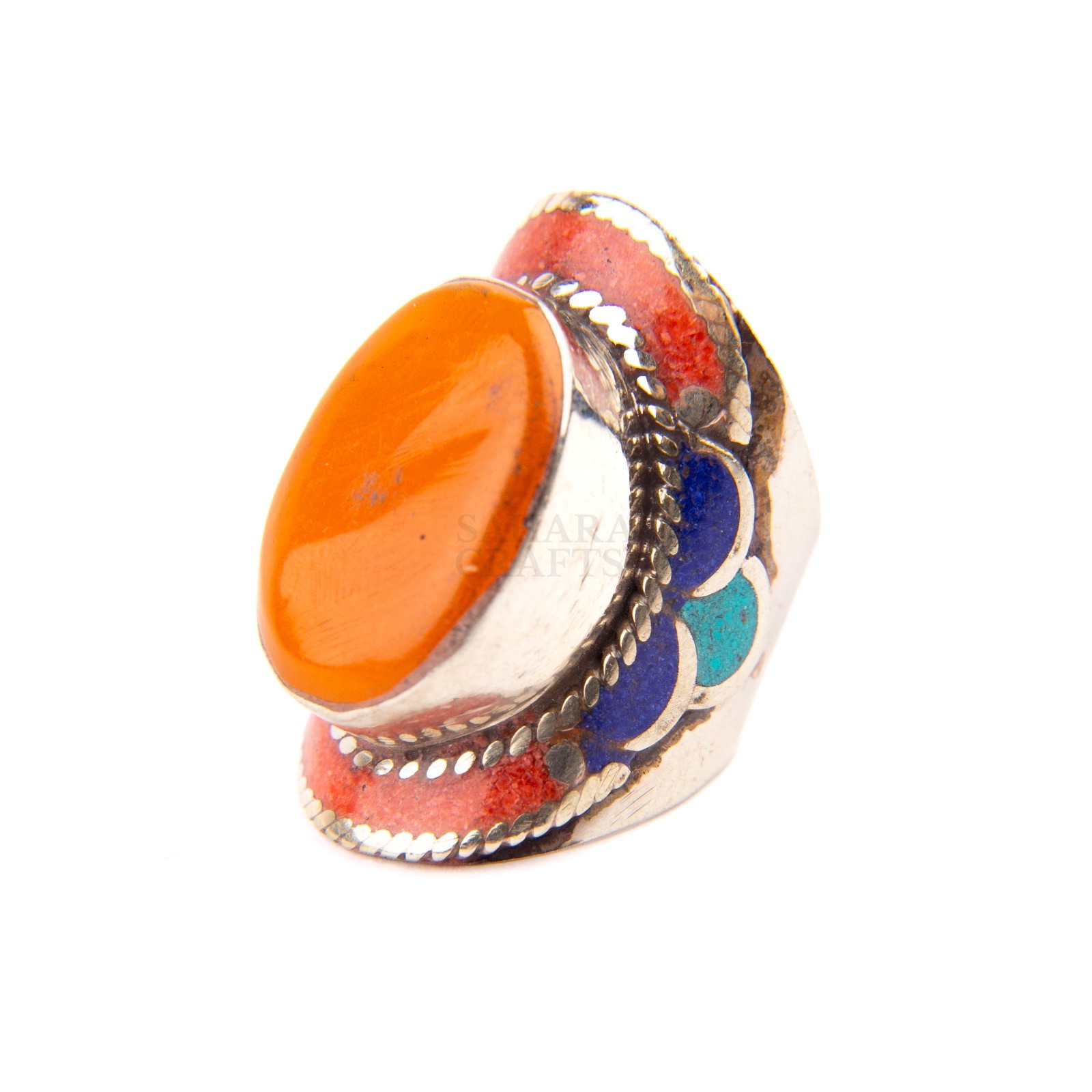Tibetan Ring, Orange Coral Lapis Lazuli Stone, Traditional Tibetan Bead Jewelry,