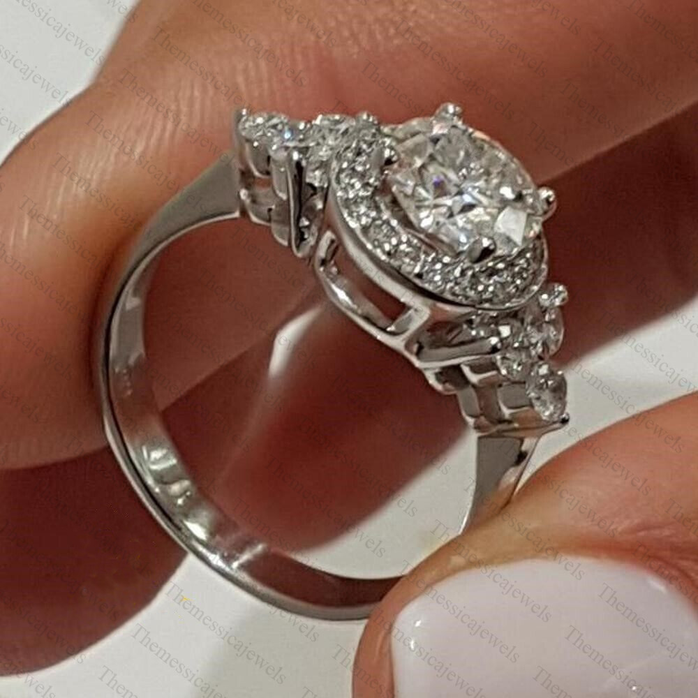 1.8 Carat Round Cut Real Moissanite Halo Engagement Ring 14K White Gold Plated