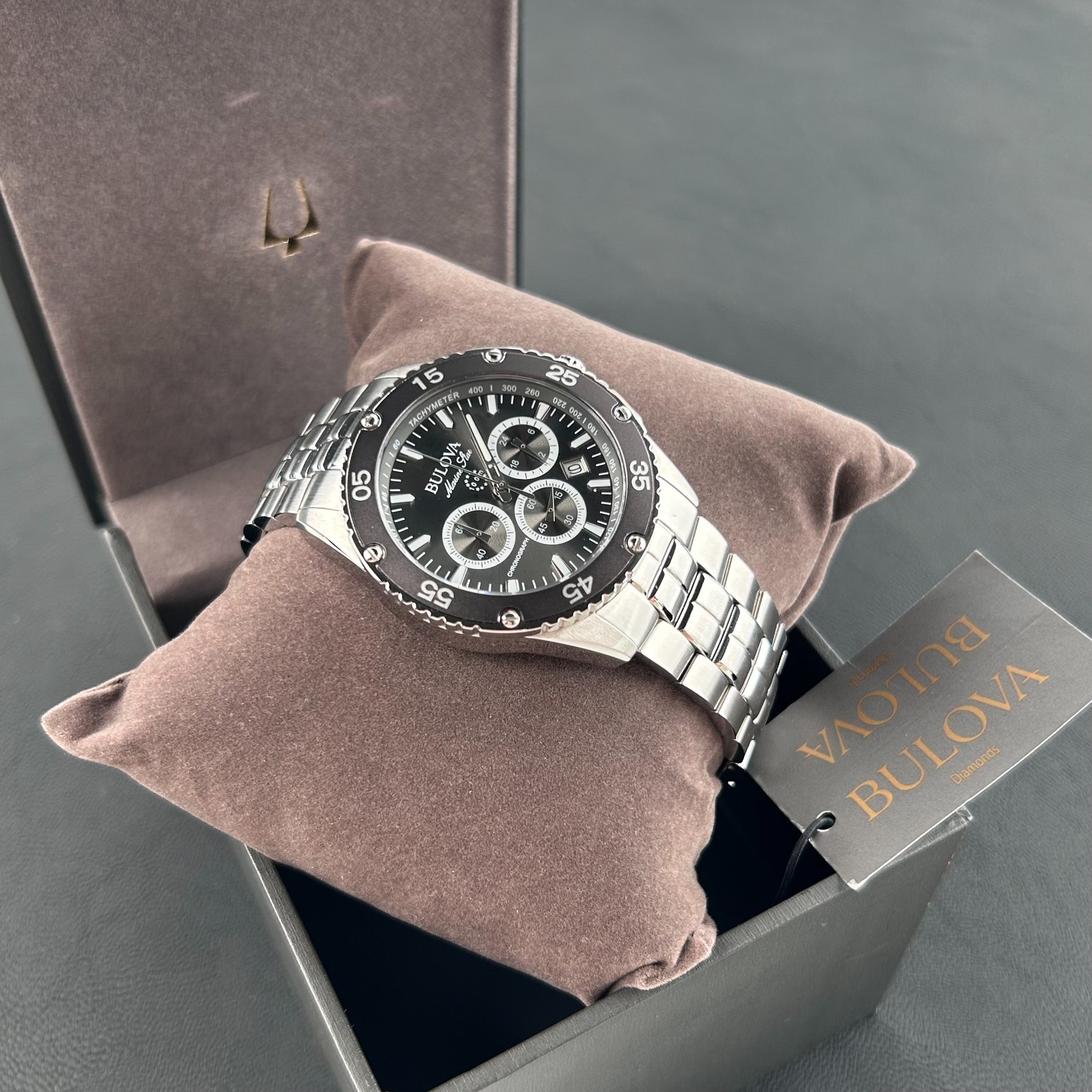 Bulova Classic Men’s Marine Star 98B401 Black Dial Chronograph Quartz Watch 41.5