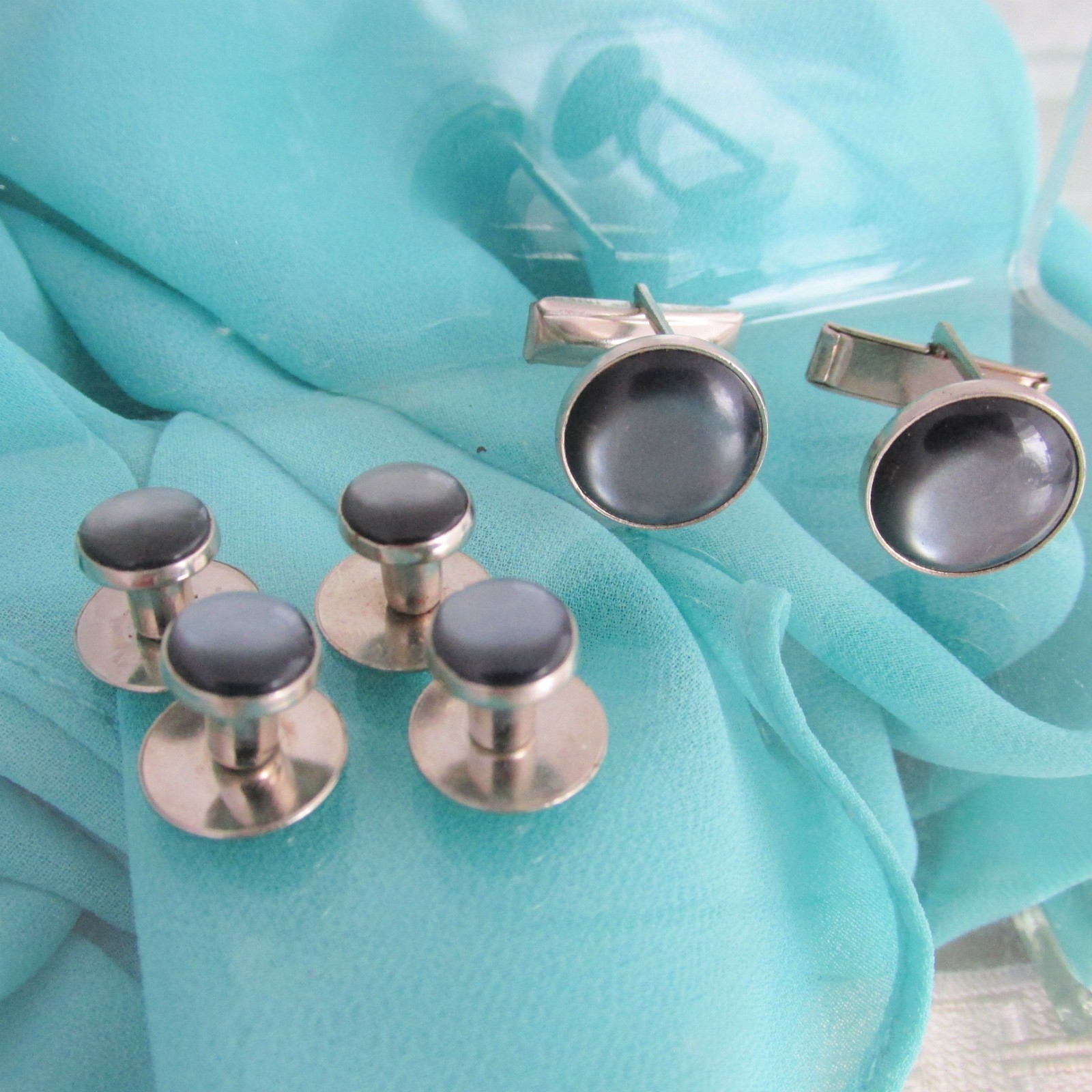 Vintage Luminous Grey Silver Plate Cufflinks Studs Set Special Occasion Wed Prom