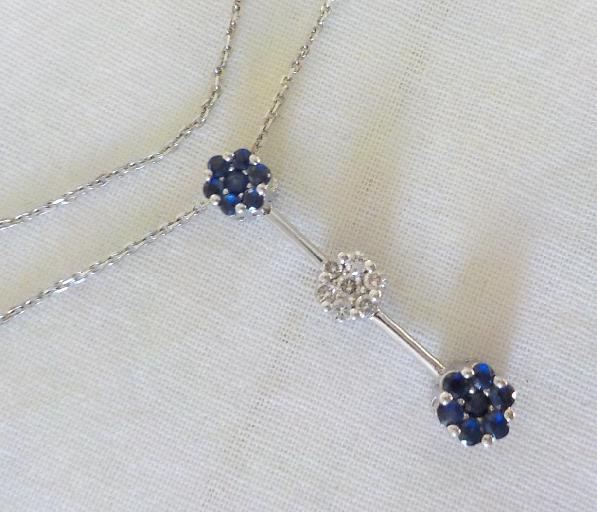 14K White Gold Bar Blue Sapphire Diamond Necklace – 4.0 gms, 18 in, 0.40 ctw