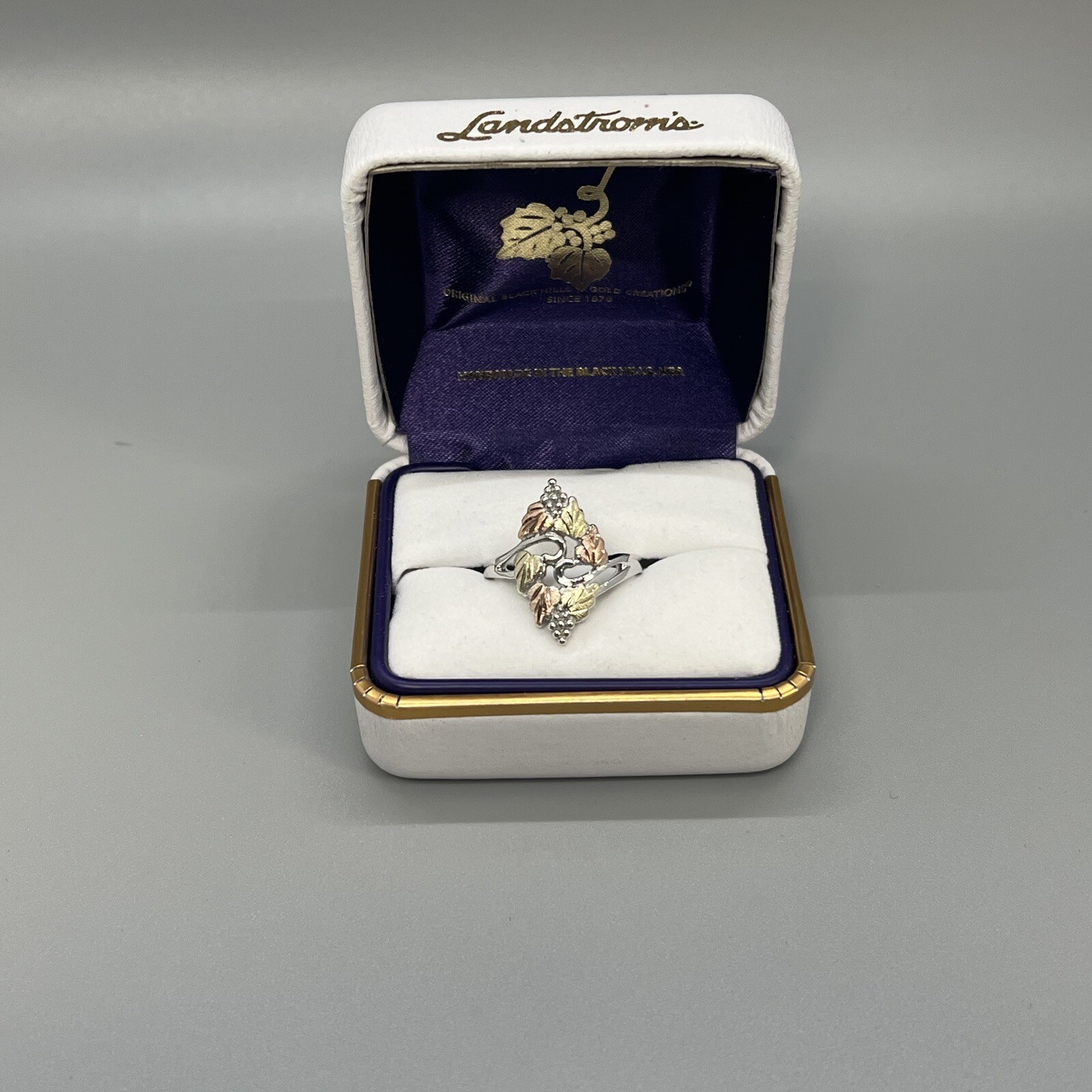 Landstrom’s Black Hills Gold Ladies 12K Solid Gold Leaf Ring Sterling Silver NIB