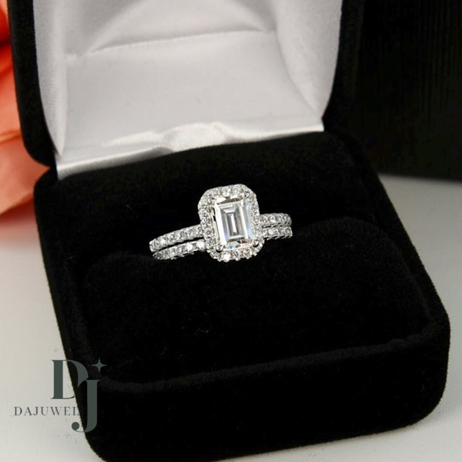 2.50 CT Emerald Cut Moissanite Bridal Set Engagement Ring Solid 14K White Gold