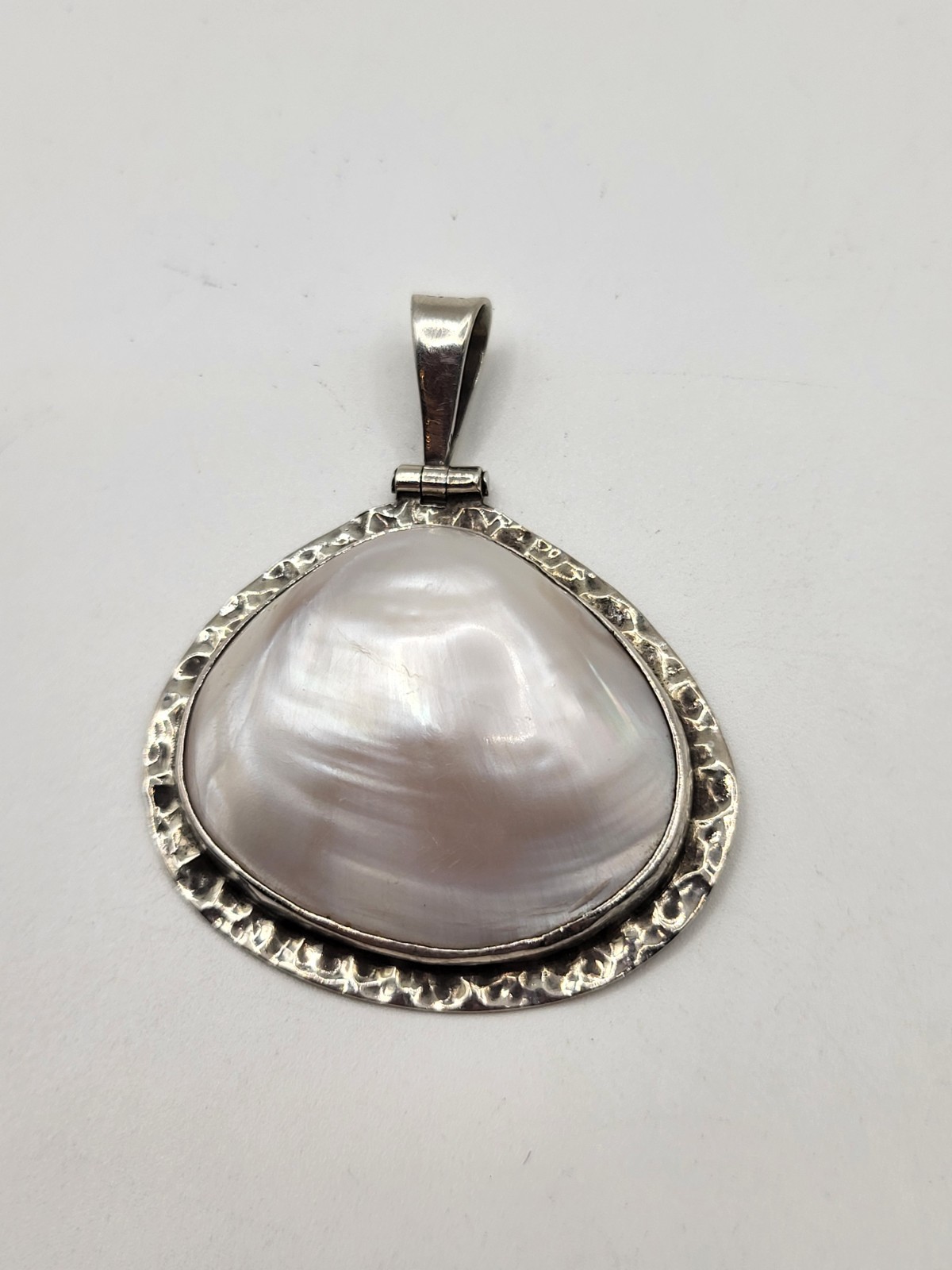 Large Hammered Sterling Frame MOP Irredescent Shell Pendant Closed Back Mexico