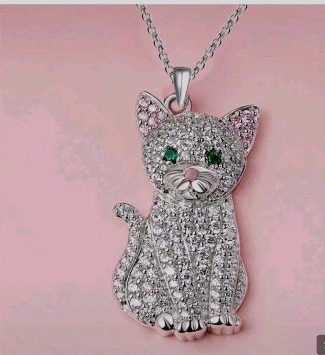 White Cat Kitten Rhinestone Pendant Necklace Pink Ears Green Eyes 💚 Silver Tone