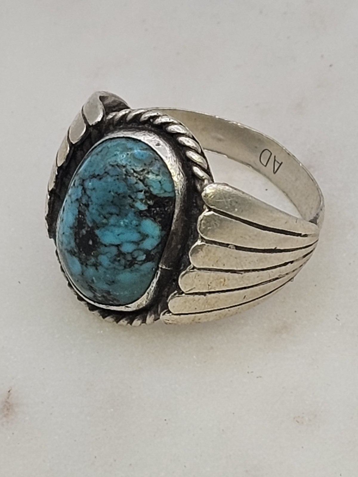 VTG Navajo AD Sterling Silver Turquoise Shadowbox Ring 11.5 Signed Old 8.05g Men