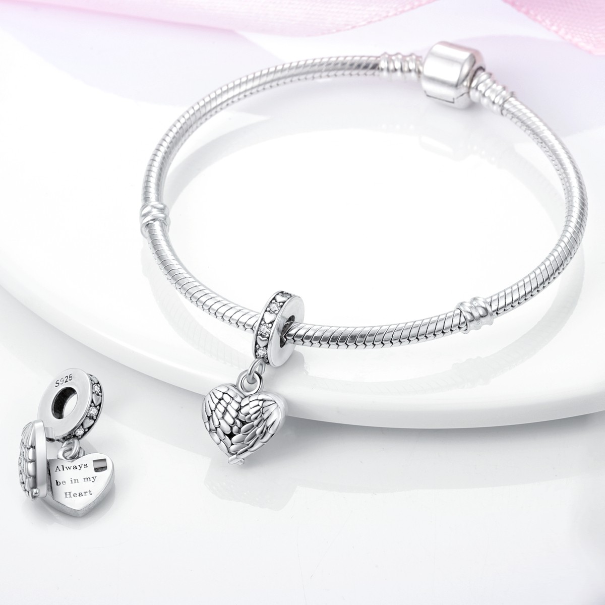 MULA 925 Sterling Silver Charm Feather Peach Heart Pendant for Women Bracelet