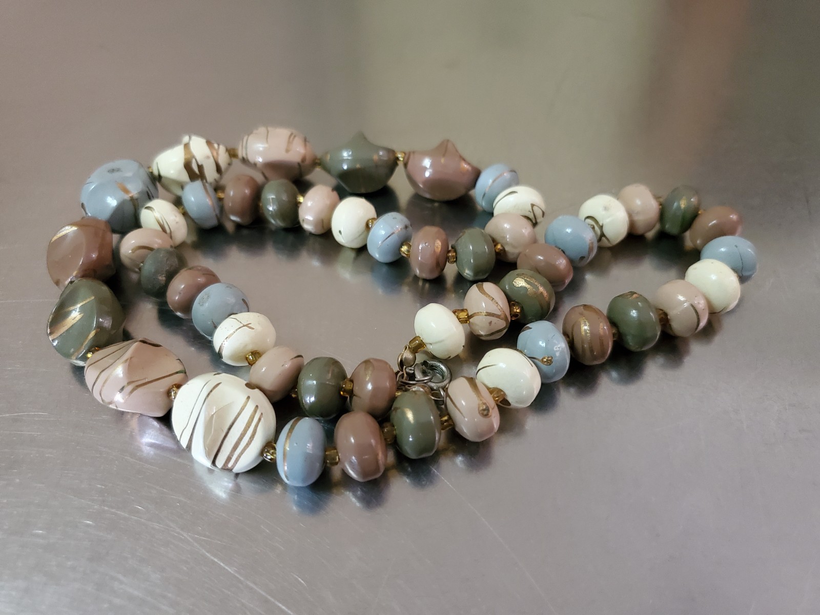 Vintage Multicolor Necklace Brown Blue Gold Beige White Green Beaded 22.5 inch