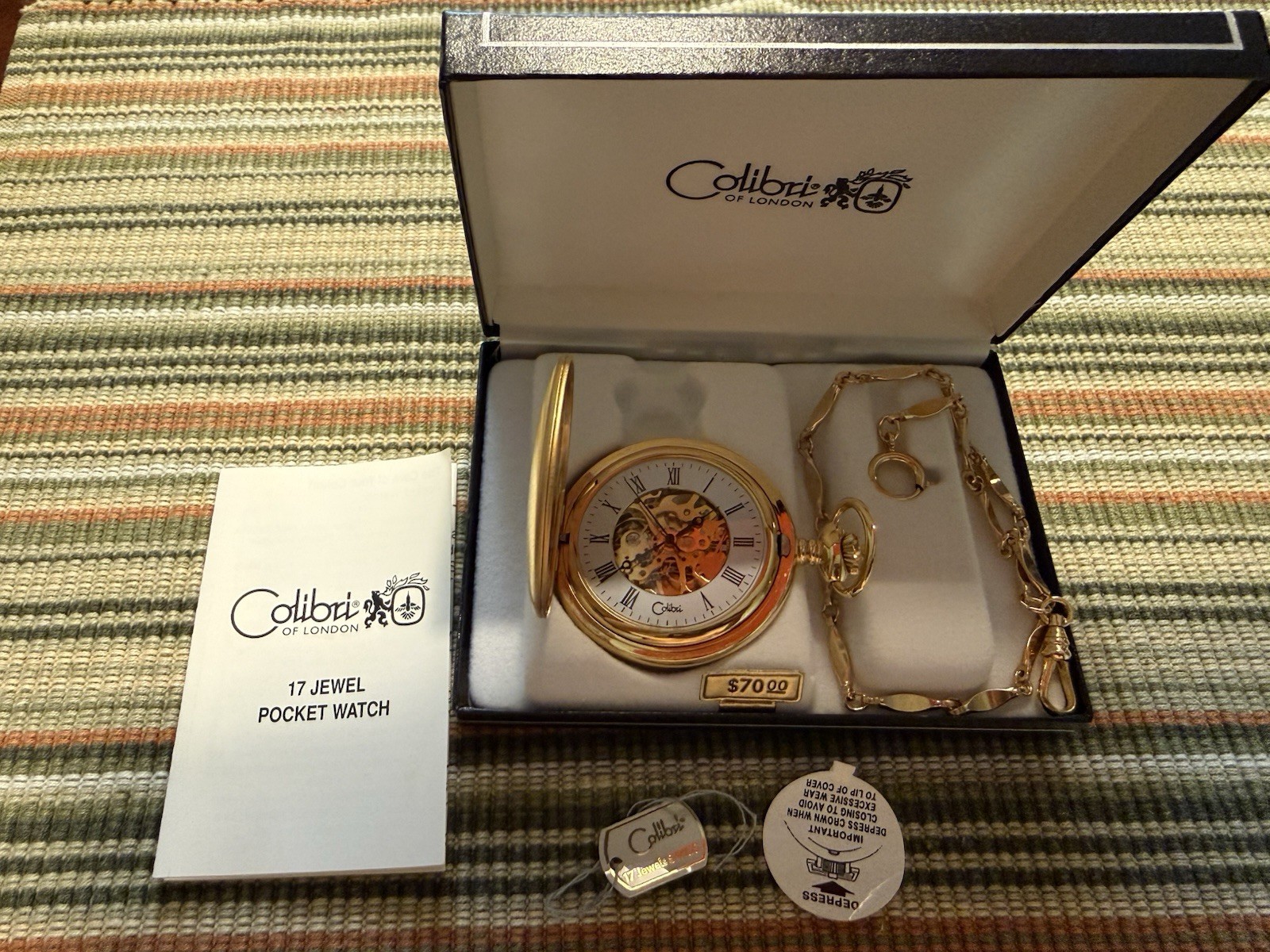 Colibri London Mechanical Skeleton Pocket Watch 17 Jewels Hunter Case Box&Chain