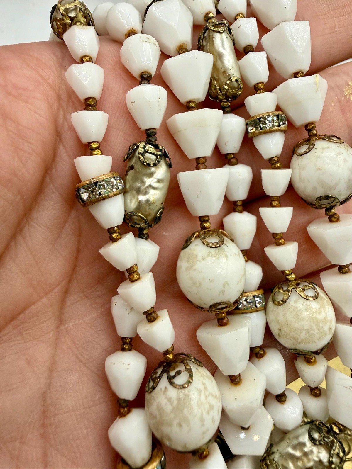 Vintage Milk Glass Multi Strand Necklace with Faux Pearls, Rhinestones (1940s-19