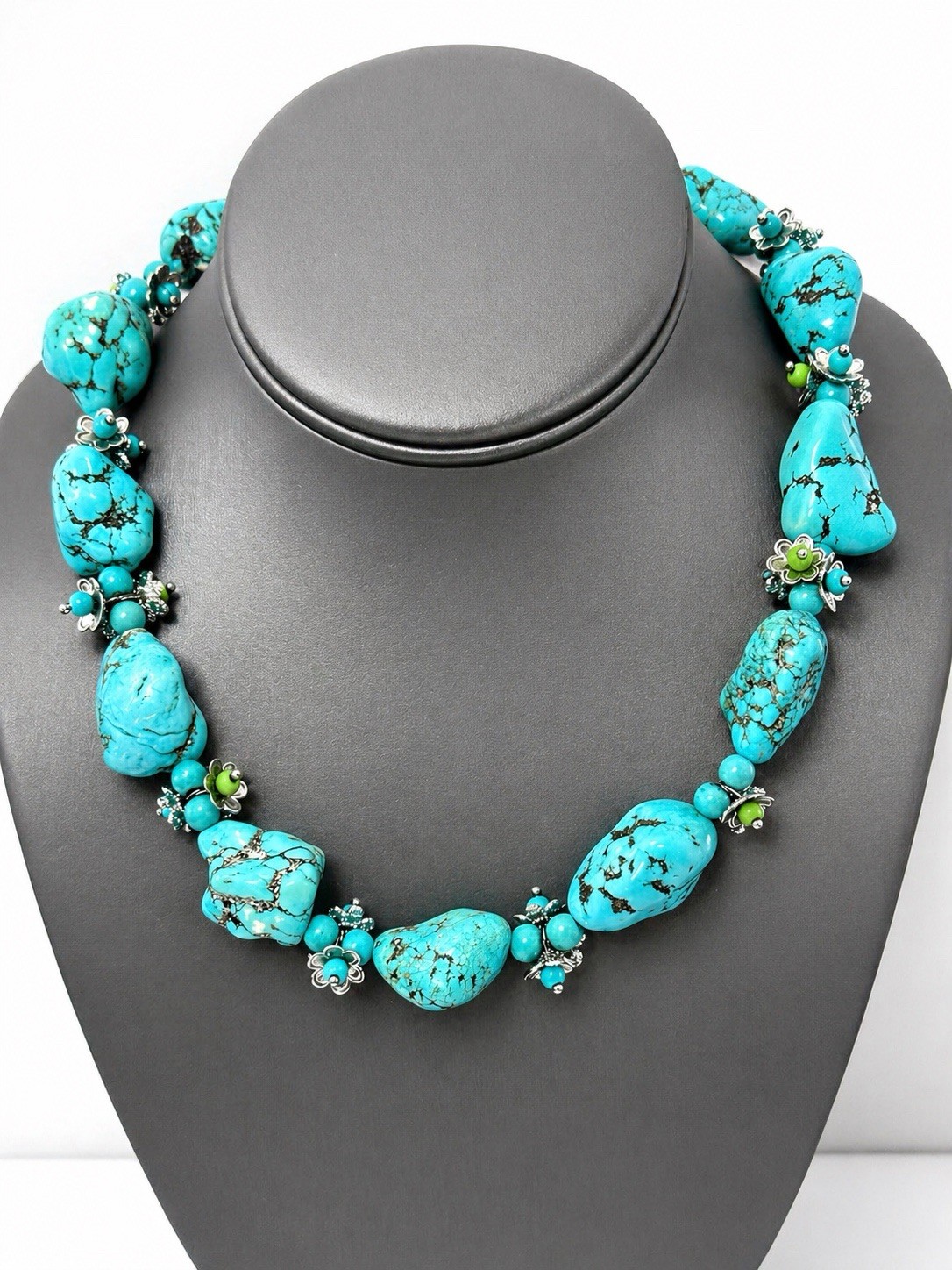 Chunky Turquoise Beaded Necklace in Random Shapes Man Made 22 in #388