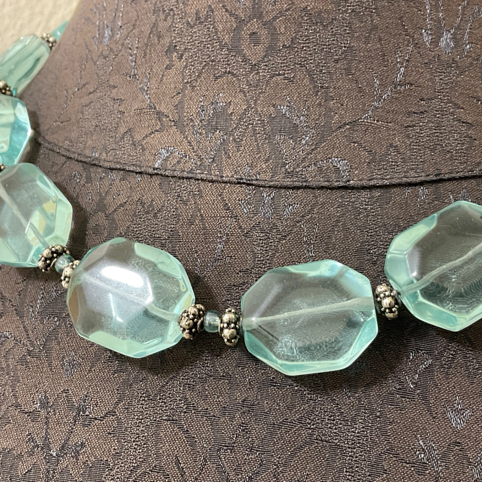 Vtg Aquamarine Glass Faceted Nuggets & Sterling Silver Beaded Necklace Adjusts