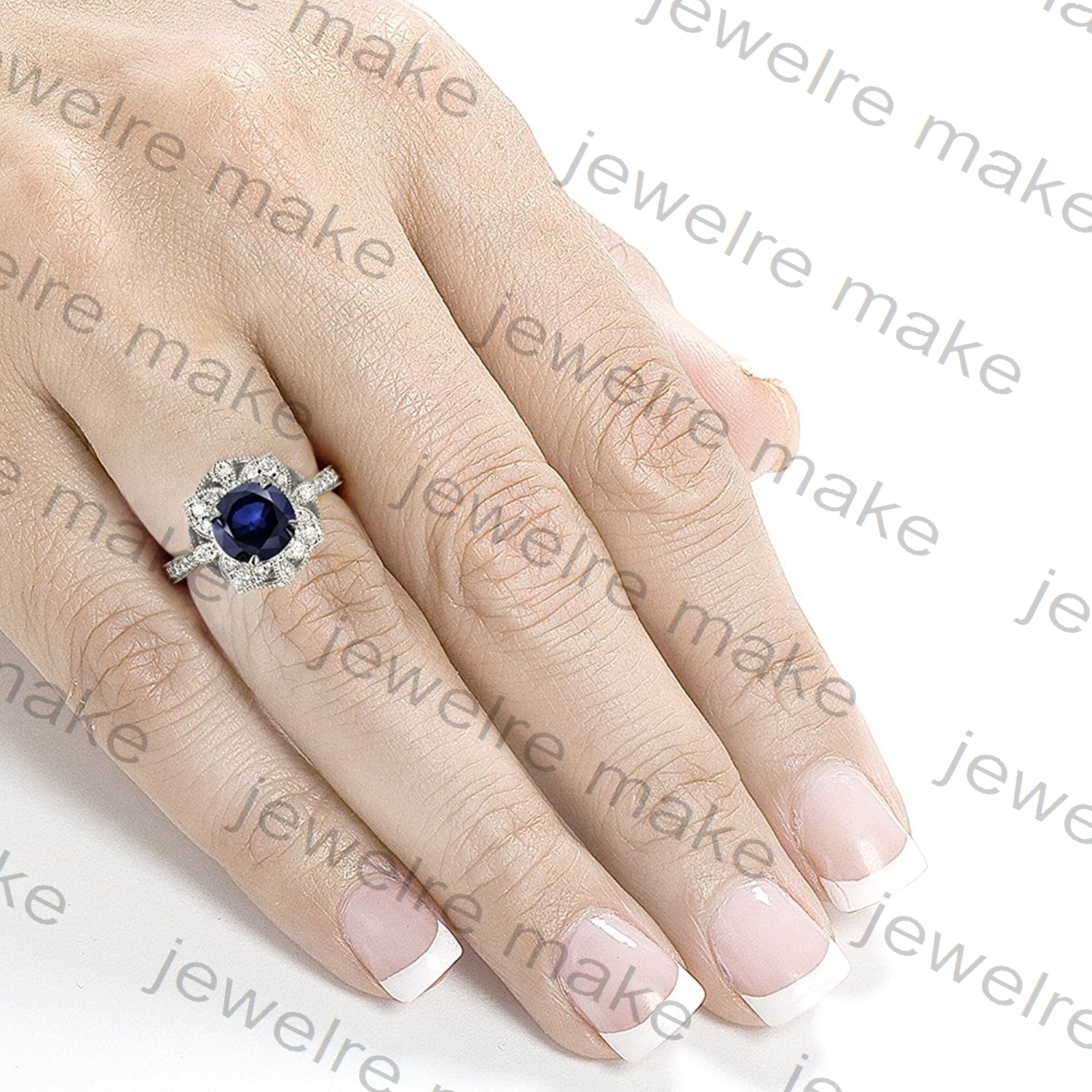 1.25ct Blue Sapphire CZ Antique Floral Engagement & Wedding Ring 925 Silver