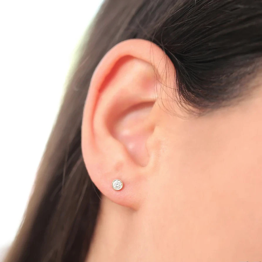 Round Cut H-I/SI Clarity Natural Diamond 14K Gold Bezel Set Stud Helix Earrings