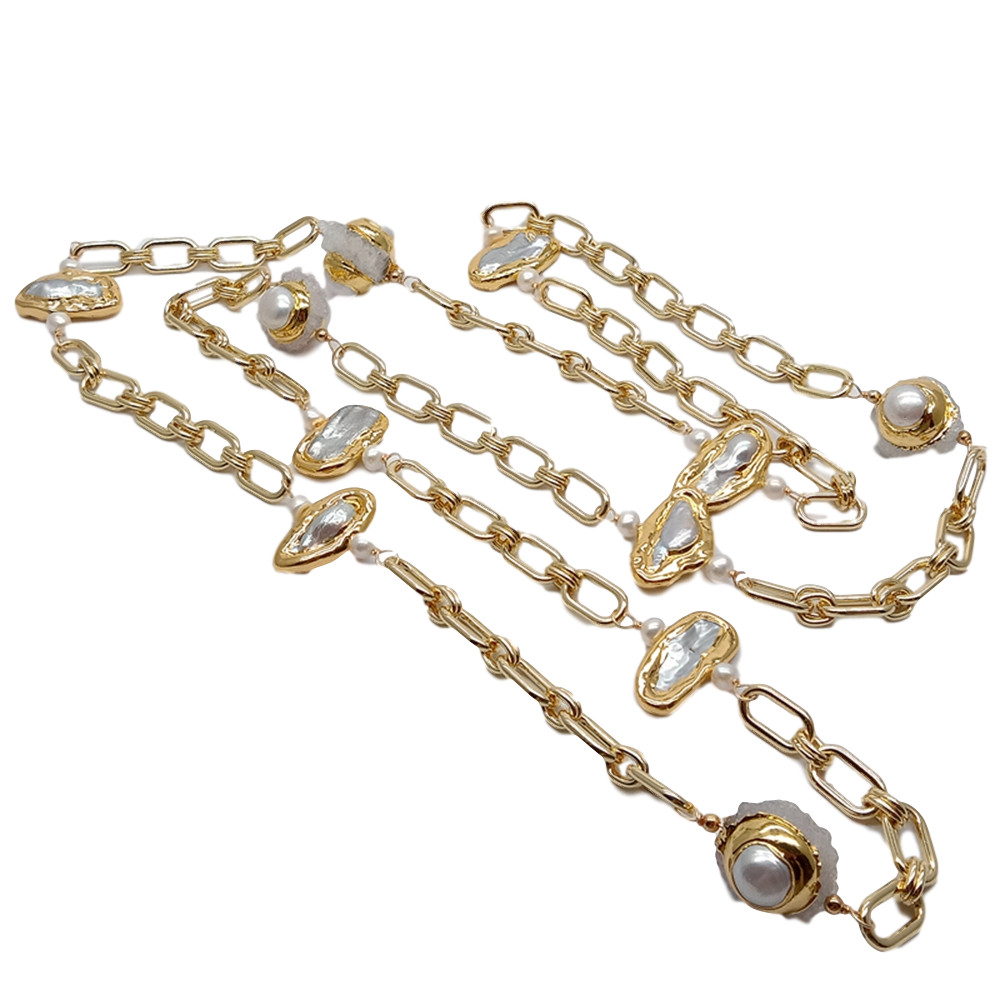 47″ Cultured White Biwa Pearl White Quartz Chain Long Station Necklace