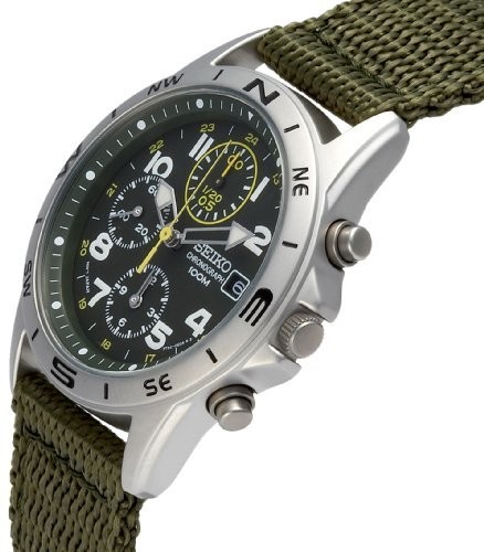 SEIKO SND377R Chronograph Mens Watch Khaki Green Nylon 100M Quartz New Japan Box