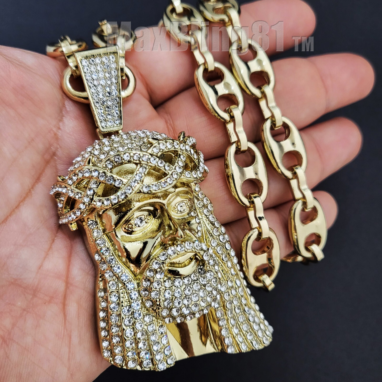 Iced Gold plated Cubic Zirconia Large Jesus Charm & Bling Marina Chain Necklace