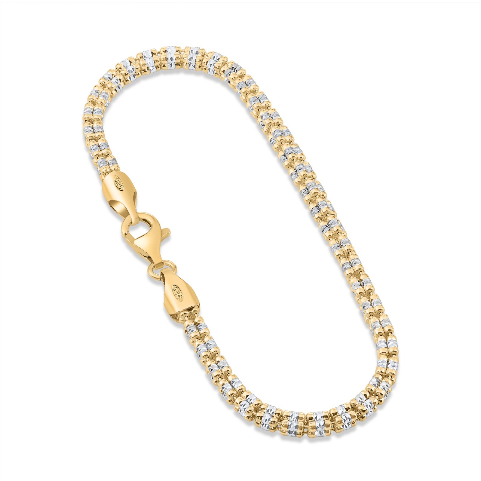 Two-Tone Gold 3mm Diamond-Cut Ice Italian Bracelet 7″-8″ 925 Sterling Silver