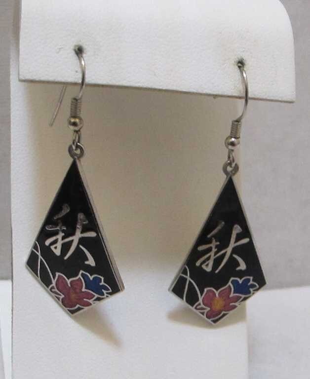 Diamond-Shape Black Pink Blue Cloisonne Asian Characters Flowers 2” Dangle Earri
