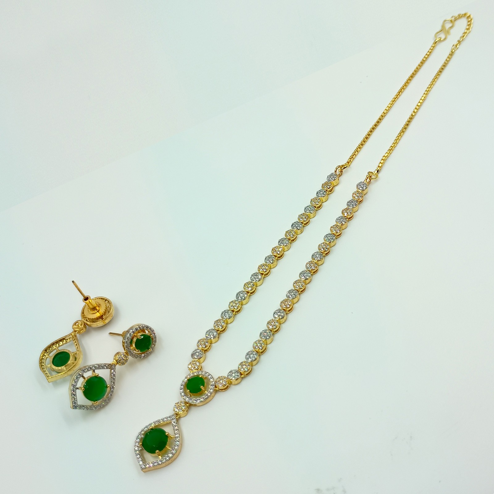 Gold Plated Round Stone Emerald Necklace Set South Indian Bridal Jewelry