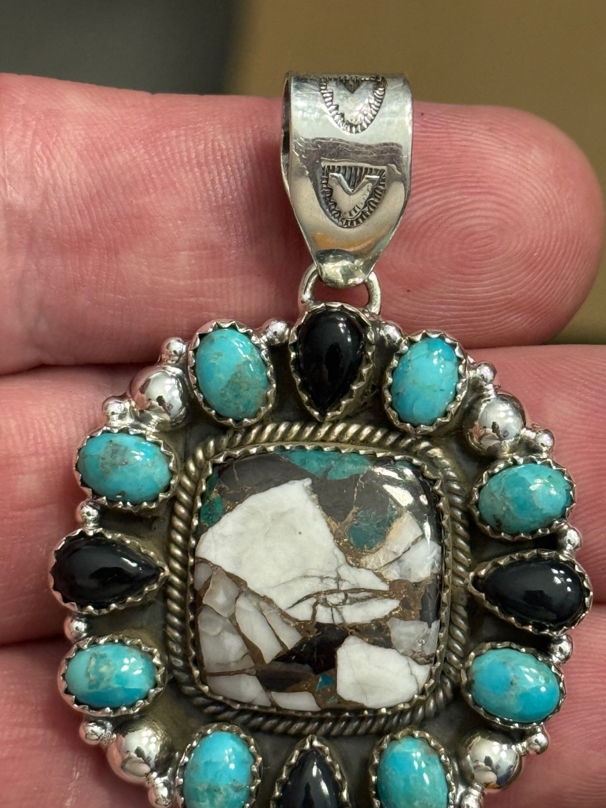STERLING SILVER TURQUOISE WHITE BUFFALO MIX ONYX BIG CLUSTER DOME PENDANT .925