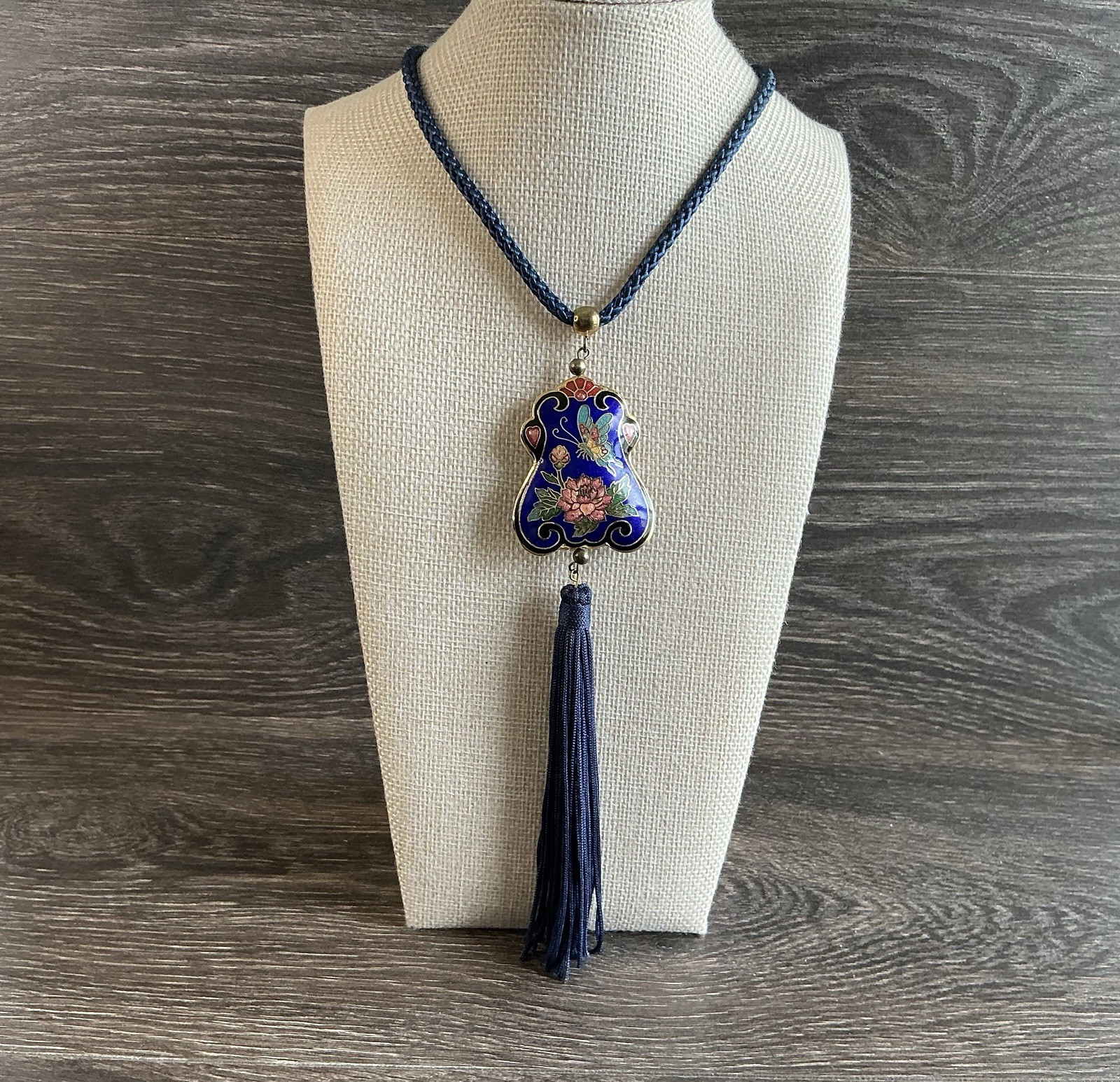 VTG Cloisonne Butterfly Pendant Necklace Cobalt Blue Enamel Tassel Art Nouveau