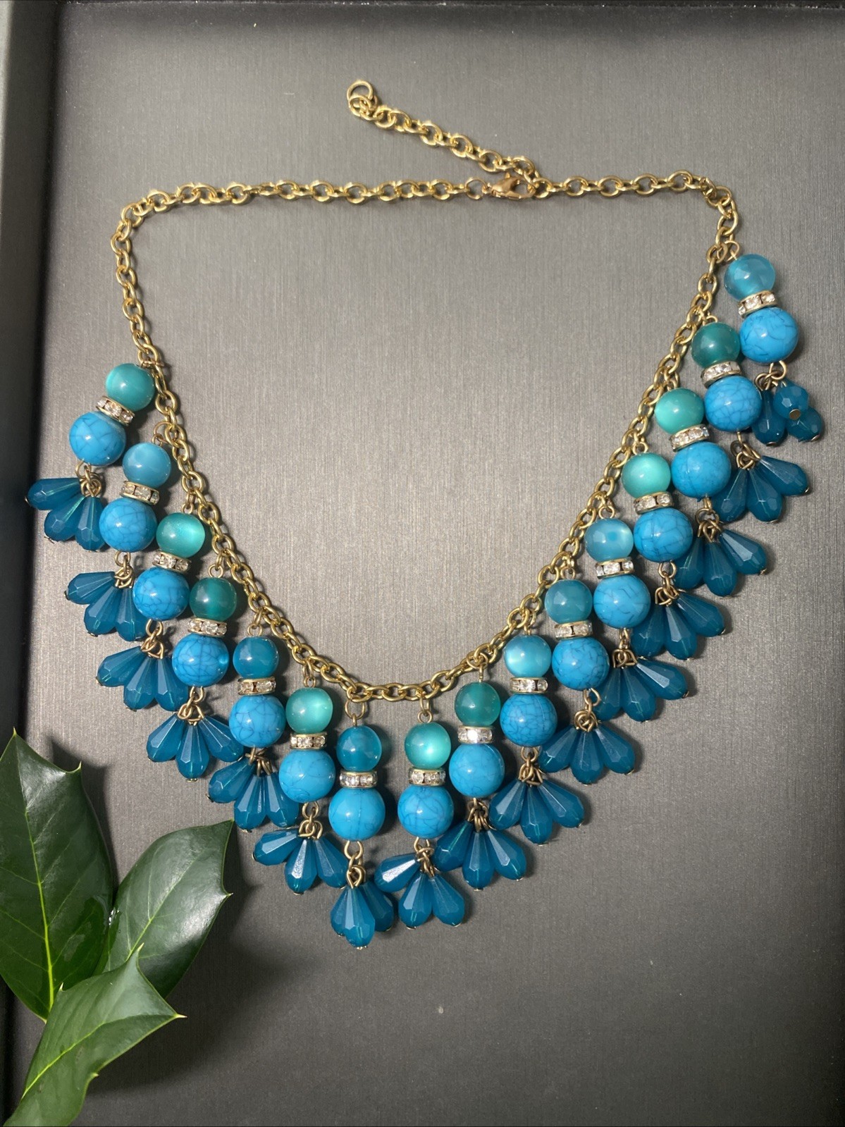 Vintage Blue Turquoise Lucite Bead Choker Necklace Statement Estate Jewelry