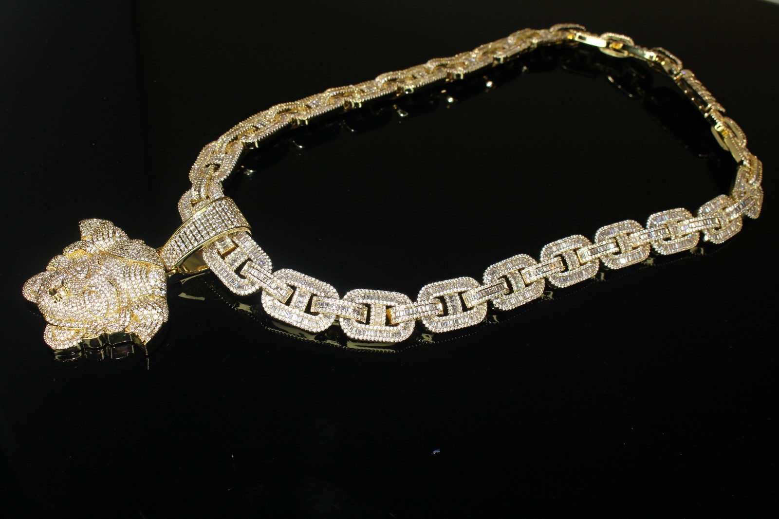 14k STAMPED XL MEDUSA Pendant 14mm MARINER Chain 96ct Lab Sim Diamond Gold 249g