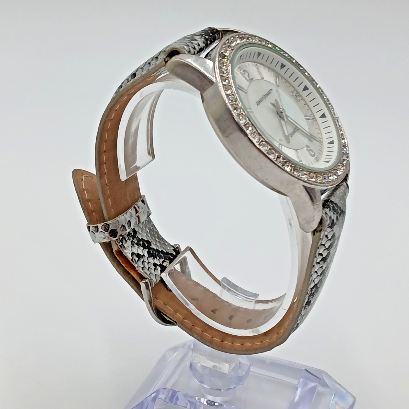 Ashley Stewart Watch Mother of Pearl Silver Tone Crystal Bezel Seconds Hand