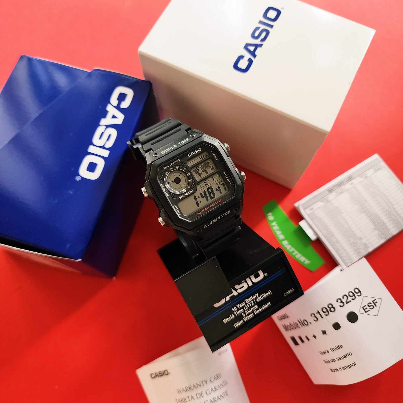 Casio Royal World Time Watch Black AE-1200WH Cal 3299 Full Set Stand