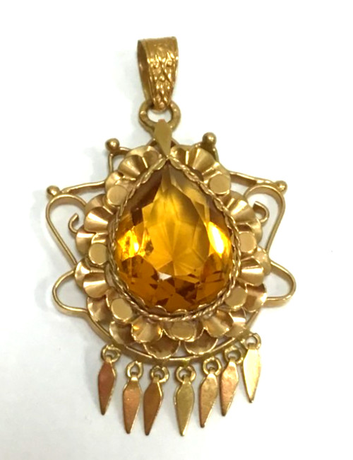 MA3) 19k Portuguese Gold 7.0 Grams Large Pear-cut Yellow Stone Pendant 2″ Length