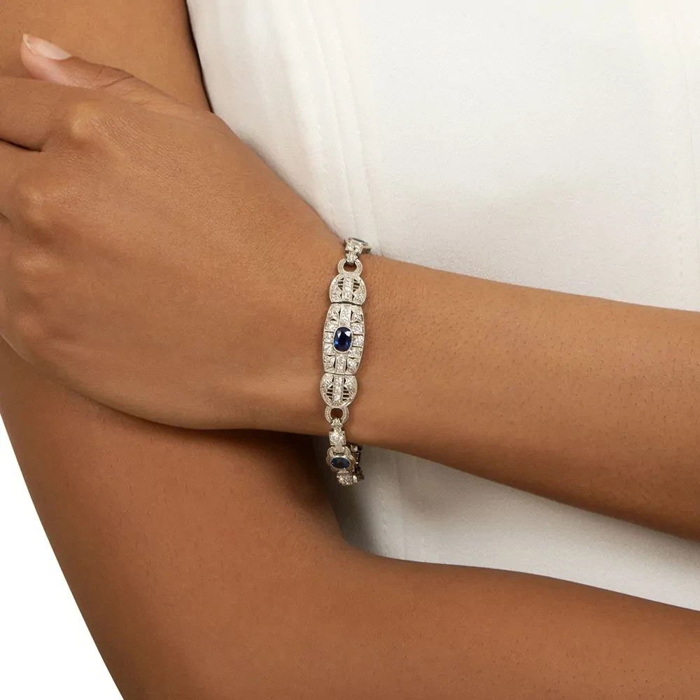 12Ctw Oval Cut Lab Created Blue Sapphire Art Deco Bracelet 14K White Gold Plated
