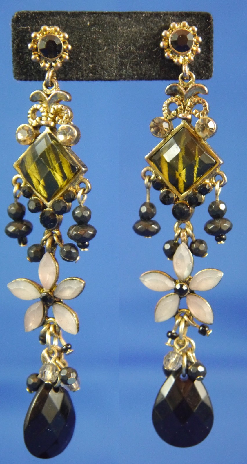 Victorian Boho Mix Faceted Glass, Plastic Metal Dangle Post Earrings 3.25″ Drop