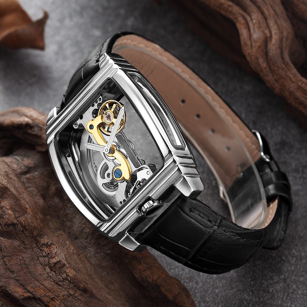 Men’s Watch Automatic Mechanical Transparent Skeleton Bridge Leather Belt Watch